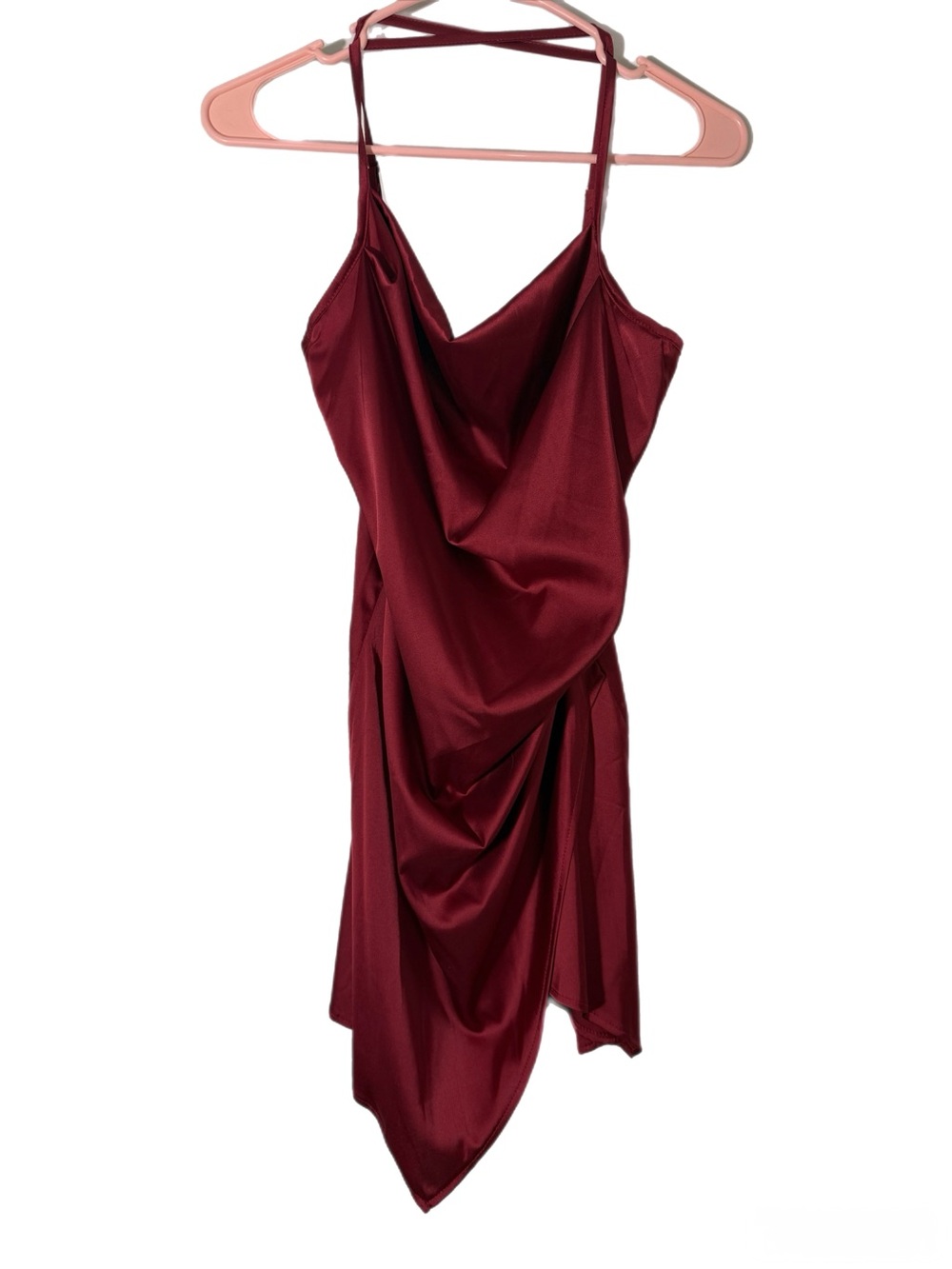 Satin Cowl Neck Asymmetric Slip Dress - Burgundy